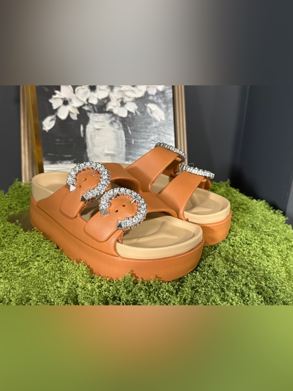 Women’s Rhinestone Buckle Platform Slide Sandals - Tan